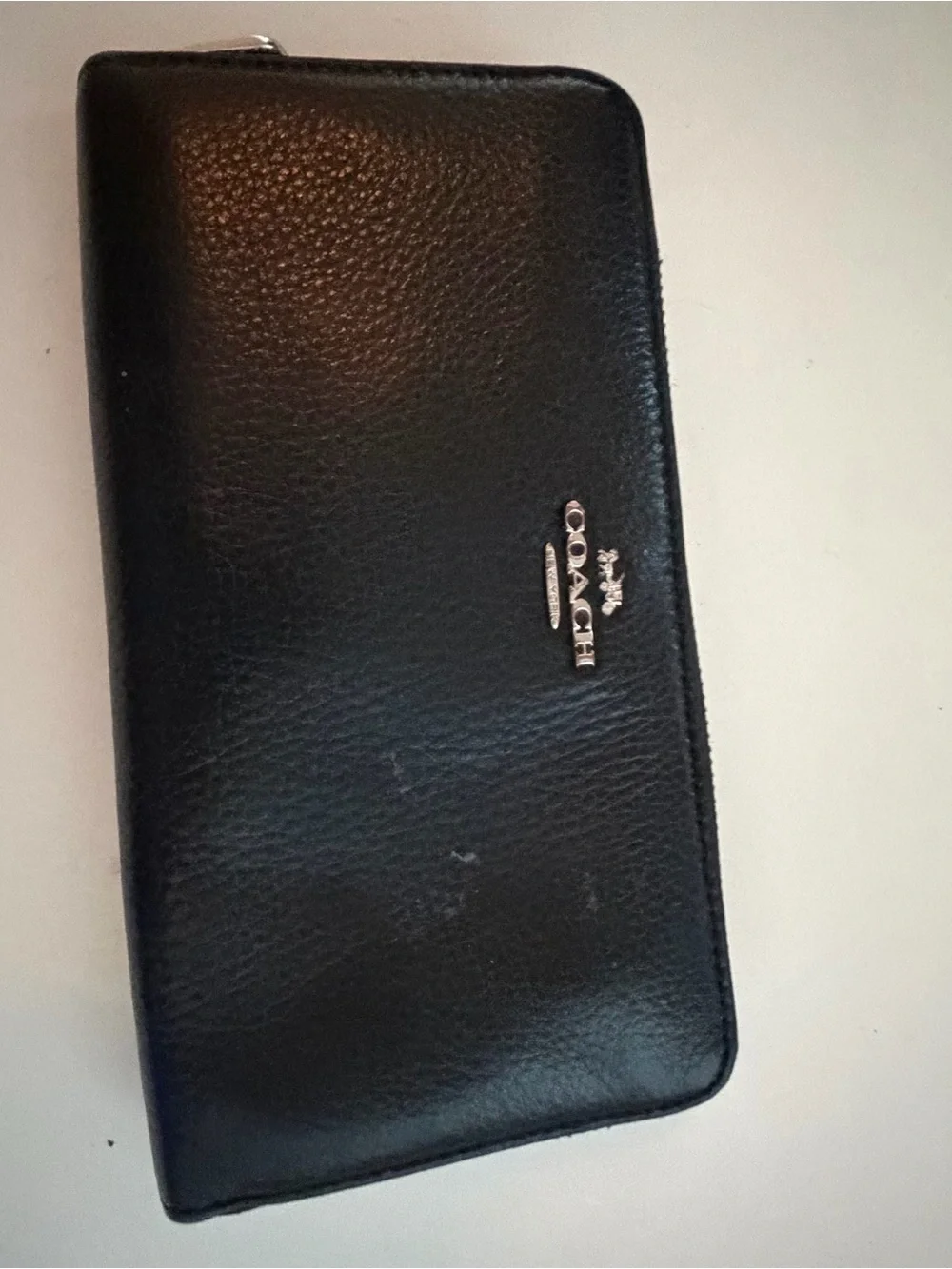 Coach Black Leather Zip Wallet with Silver Logo